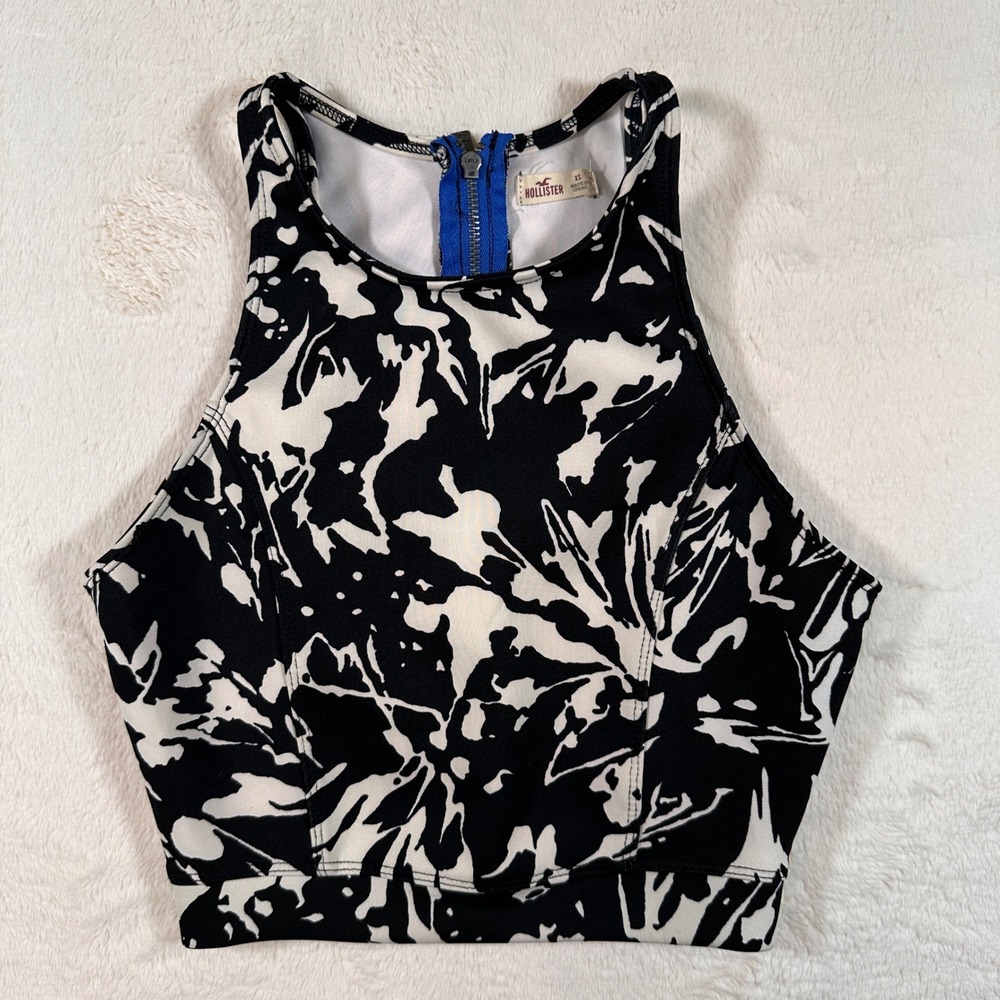 Hollister Womens XS Crop Top Black White Abstract Floral Blue Back Zip High Neck